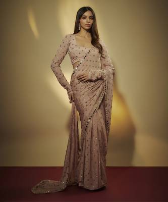 Mauve chinnon chiffon sequins pre drapped saree with mirror lace along with sequins full sleevs blouse 1