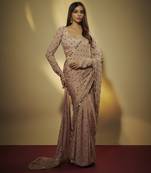 Mauve chinnon chiffon sequins pre drapped saree with mirror lace along with sequins full sleevs blouse