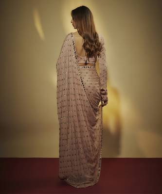 Mauve chinnon chiffon sequins pre drapped saree with mirror lace along with sequins full sleevs blouse 2