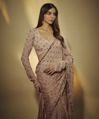 Mauve chinnon chiffon sequins pre drapped saree with mirror lace along with sequins full sleevs blouse 4