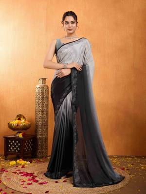 grey chiffon swaroski work work saree with unstitched blouse piece 2