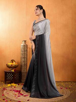 grey chiffon swaroski work work saree with unstitched blouse piece 6