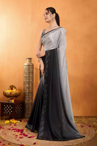 grey chiffon swaroski work work saree with unstitched blouse piece