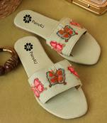 Women embellished embroidered canvas flip-flop flats