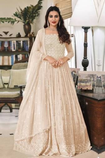 Cream exclusive embroidered faux georgette semi stitched anarkali suit