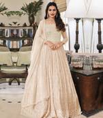 Cream exclusive embroidered faux georgette semi stitched anarkali suit