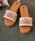 Women embellished embroidered canvas slip on platform heel