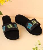 Women embellished embroidered canvas slip on platform heel