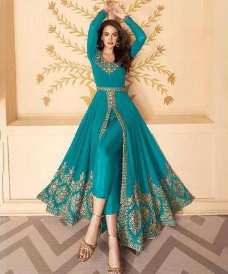 Sea Blue Net Embroidered High Slit Anarkali Salwar Suit 1