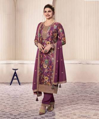 Purple chinon digital print sequin embroidered semi-stitched salwar suit 1