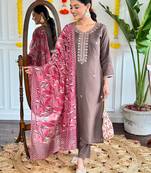 Brown Women's Viscose Chanderi Fabric Straight Kurta, Pant and Dupatta Set