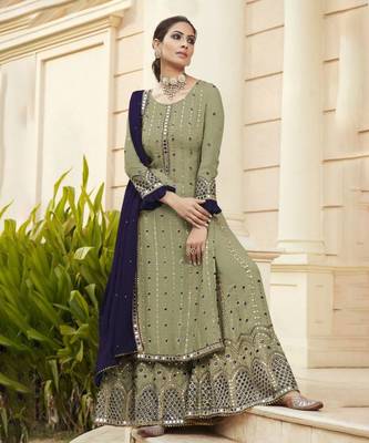 sea-green georgette unstitched mirror top and bottom with dupatta 1