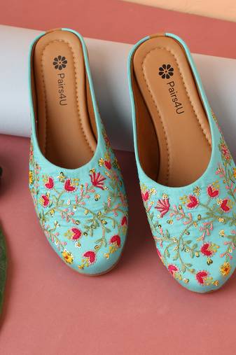 women's embellished embroidered canvas upper slip on mojaris