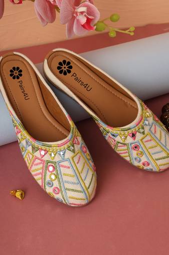 women's embellished embroidered canvas upper slip on mojaris