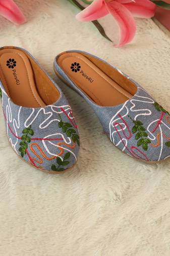women's embellished embroidered canvas upper slip on mojaris