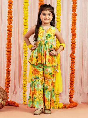  girls' yellow kurta sharara and dupatta set 1