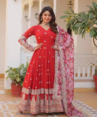 RED GEORGETTE EMBROIDERY WORK STICHED SUIT SET 1