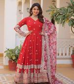 RED GEORGETTE EMBROIDERY WORK STICHED SUIT SET
