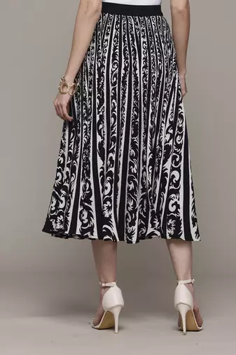 Black arabesq printed pleated skirt by label ritu kumar