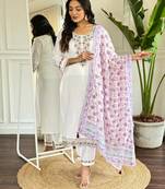 White Women's Viscose Chanderi Fabric Straight Kurta, Pant and Dupatta Set
