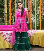 Rani Pink Zari Embroidered With Paper Mirror Work Faux Georgette Party Wear Salwar Kameez