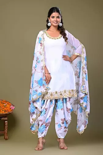 White Floral Printed Patiala Suit Set