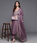 Onion pink viscose chanderi heavy thread embroidery work kurta pant set