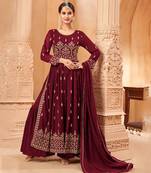 Women's Maroon Color Faux Georgette Resham Work Bollywood Style Heavy Partywear Nyra Cut Kurta Sharara Set