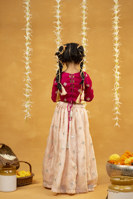 pink embroidered top with peach lehenga 2