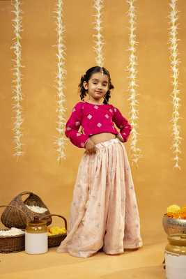  pink embroidered top with peach lehenga 3