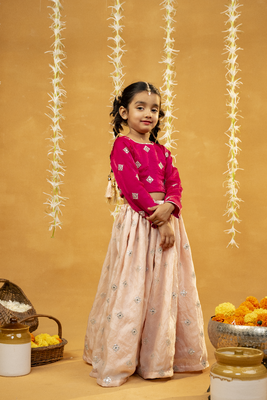  pink embroidered top with peach lehenga 1