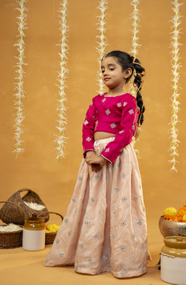  pink embroidered top with peach lehenga 4