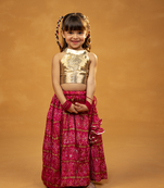 golden crop top with chinon crushed pink lehenga