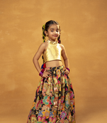 golden print floral embroidered black lehenga (set of 2)