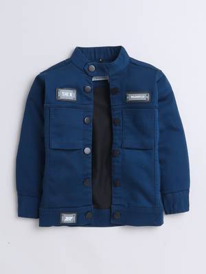 Peacock blue printed t-shirt with front pocket denim jacket 1