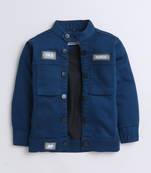 Peacock blue printed t-shirt with front pocket denim jacket