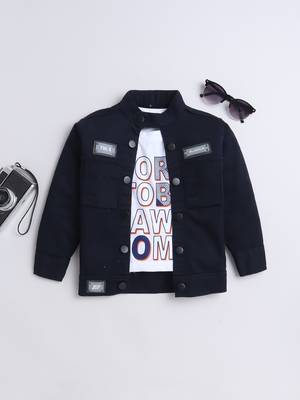 navy blue printed t-shirt with front pocket denim jacket 1