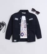 navy blue printed t-shirt with front pocket denim jacket