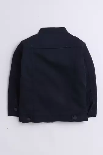 navy blue printed t-shirt with front pocket denim jacket