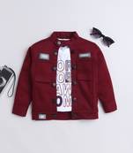 Maroon printed t-shirt with front pocket denim jacket