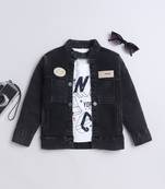 Black letter printed t-shirt with front pocket denim jacket