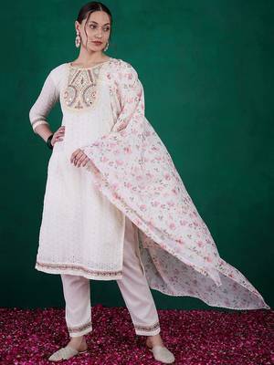 White Women's Cotton Straight Kurta Pant and Dupatta Set 1