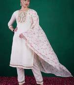White Women's Cotton Fabric Straight Kurta, Pant and Dupatta Set
