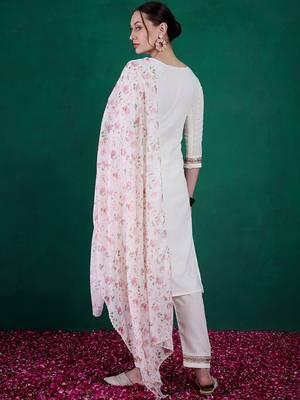 White Women's Cotton Straight Kurta Pant and Dupatta Set 2