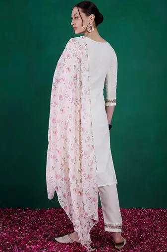 White Women's Cotton Straight Kurta Pant and Dupatta Set