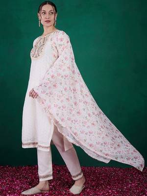 White Women's Cotton Straight Kurta Pant and Dupatta Set 3