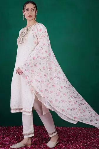 White Women's Cotton Straight Kurta Pant and Dupatta Set