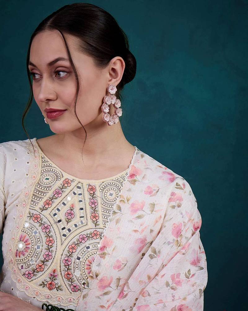 White Women's Cotton Fabric Straight Kurta, Pant and Dupatta Set