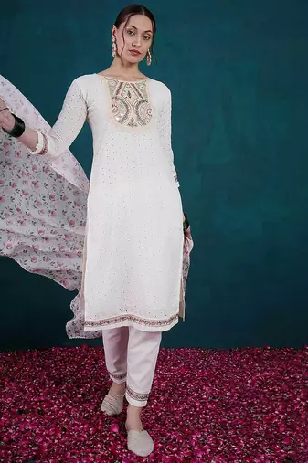 White Women's Cotton Straight Kurta Pant and Dupatta Set