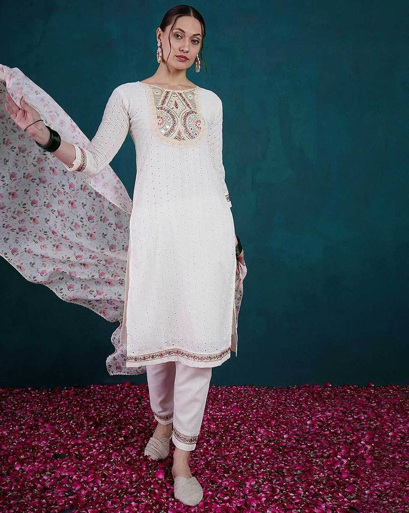 White Women's Cotton Fabric Straight Kurta, Pant and Dupatta Set